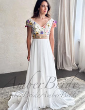 Bohemian Chiffon Wedding Dresses with Colorful Flowers A Line Bridal Gowns