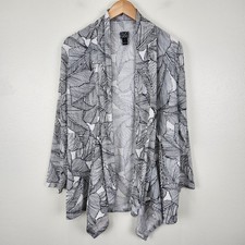 Clara Sun Woo Jacket Top Size L Black White Leaf Print Open Front Long Sleeve