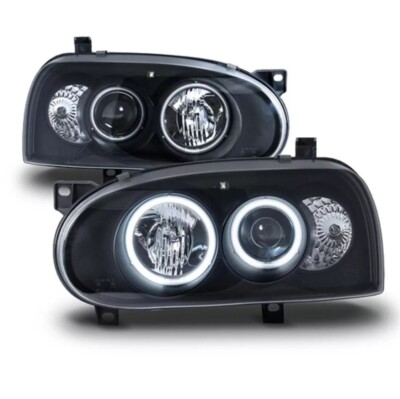 For 1993-1998 VW Golf MK3 Black Headlights Lamps Dual Halo Projector LH-RH Pair