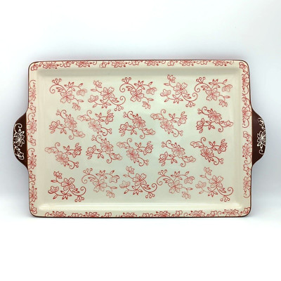 Temptations by Tara Red Floral Lace Rectangular Serving Tray Platter Baking 13x9