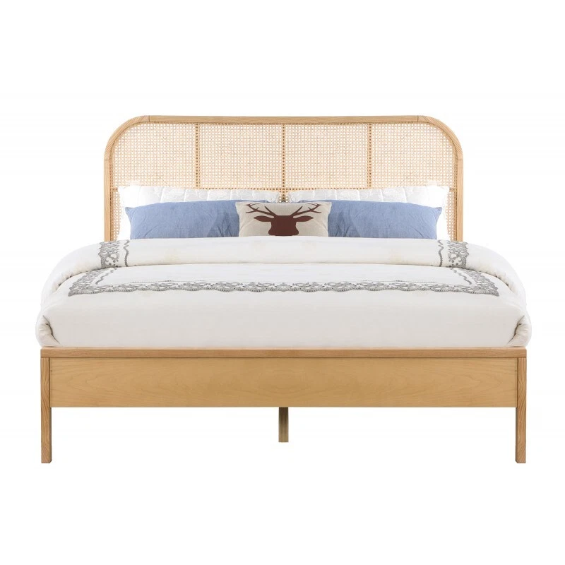 Cama de madera maciza E king size, ratán material natural dormitorio listones plataforma cama Foto 4 de 4