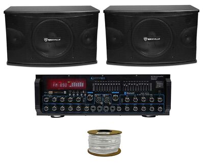 Pair Rockville KPS10 10'' 3-Way 1200w Karaoke Speakers+Bluetooth Amplifier Mixer