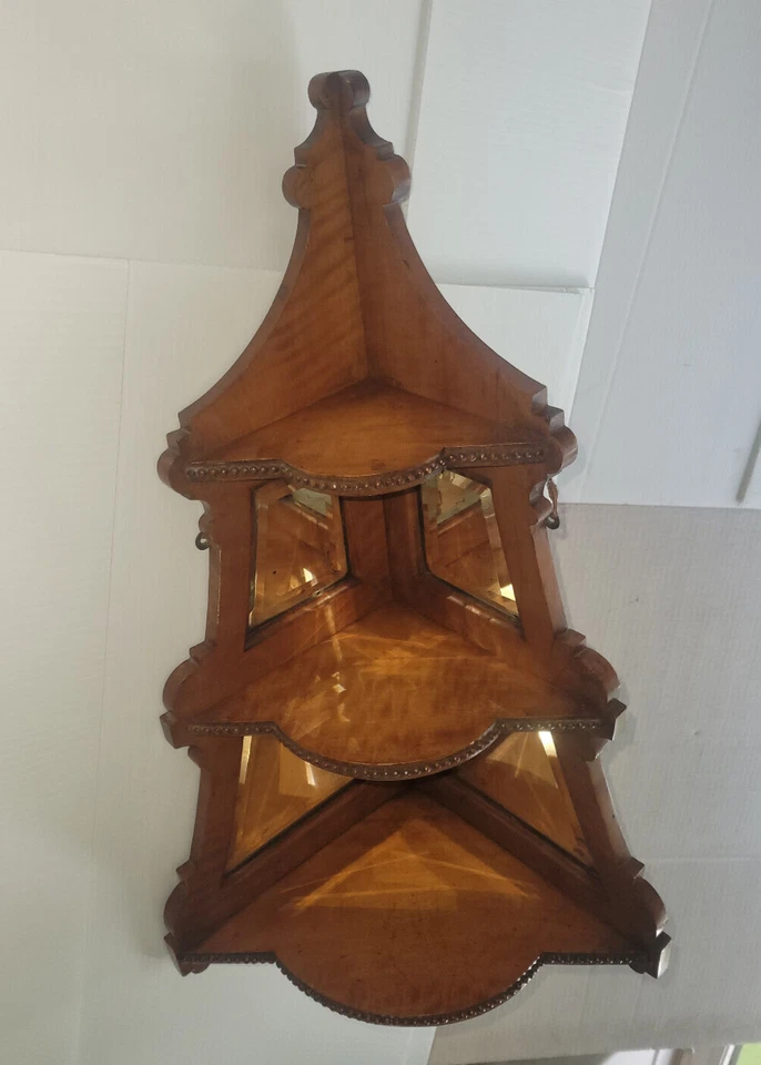 Antiguo estante de esquina de madera Etagere espejos biselados bordes con cuentas montaje en pared 28" Foto 4 de 4
