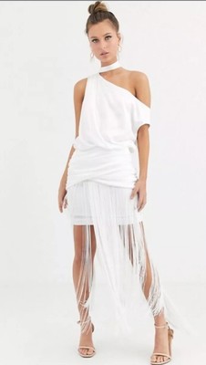 asos design one shoulder midaxi dress in satin with drape back