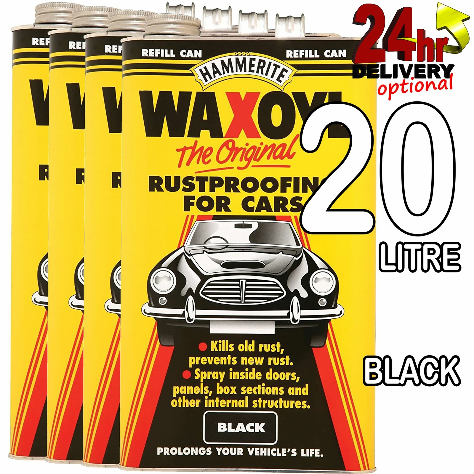 4 x Hammerite 5litre Black WaxOyl Rust Eliminator Proof Prevention Covering