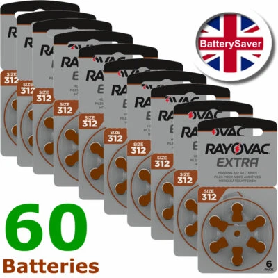 60 x Rayovac Extra size 312 (Brown) Hearing Aid Batteries (Sixty)