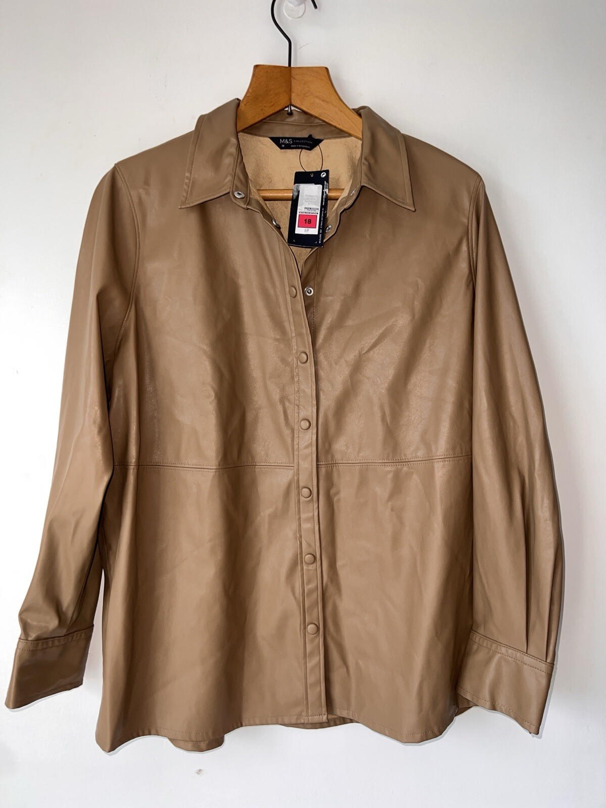 M&S WOMENS FAUX LEATHER SPICE TAN BEIGE LONG SLEEVE SHIRT OVERSHIRT Size 18