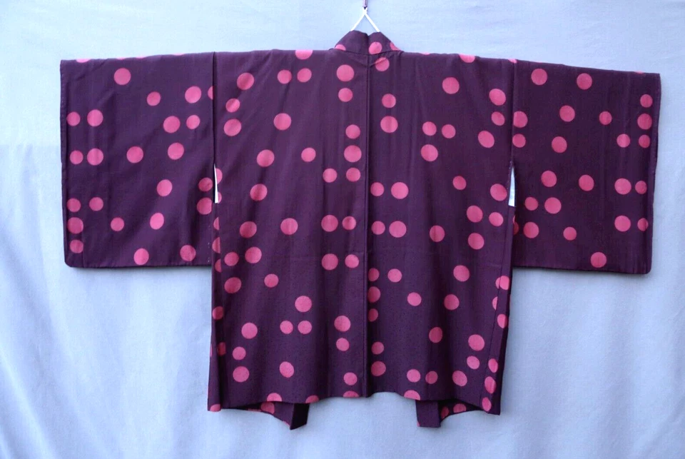 VGT 日本 100% 真丝栗色紫色粉红色波点外套 Mid Kimono Haori S/M — 第 3/4 张图片