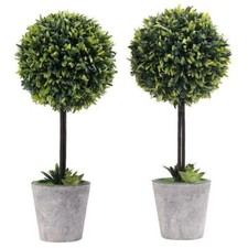 Artificial Boxwood Topiary Tree/Faux Tabletop Gray Ceramic Plants Pots, Set of 2