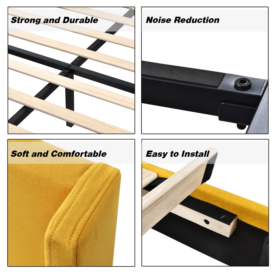 Marco de cama de plataforma moderno tamaño completo Sifurni con respaldo de ala, amarillo claro Foto 4 de 4