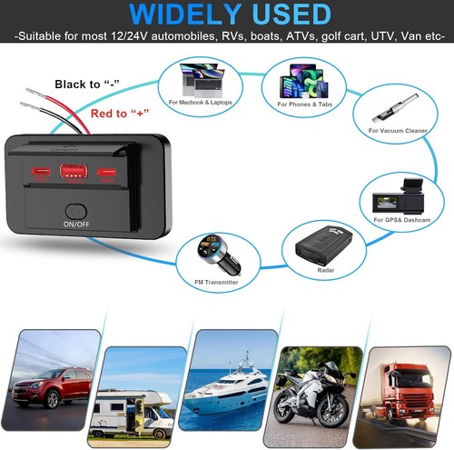 2PCS 3 Ports 12V RV Prise USB 90W, Double PD3.0 Type-C Charge Rapide 72W - Photo 5 sur 31