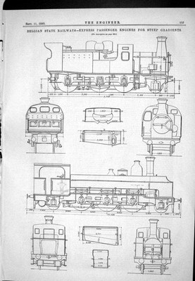 Antiker alter Druck 1885 Belgische Staatsbahnen Express Personenmotoren steil