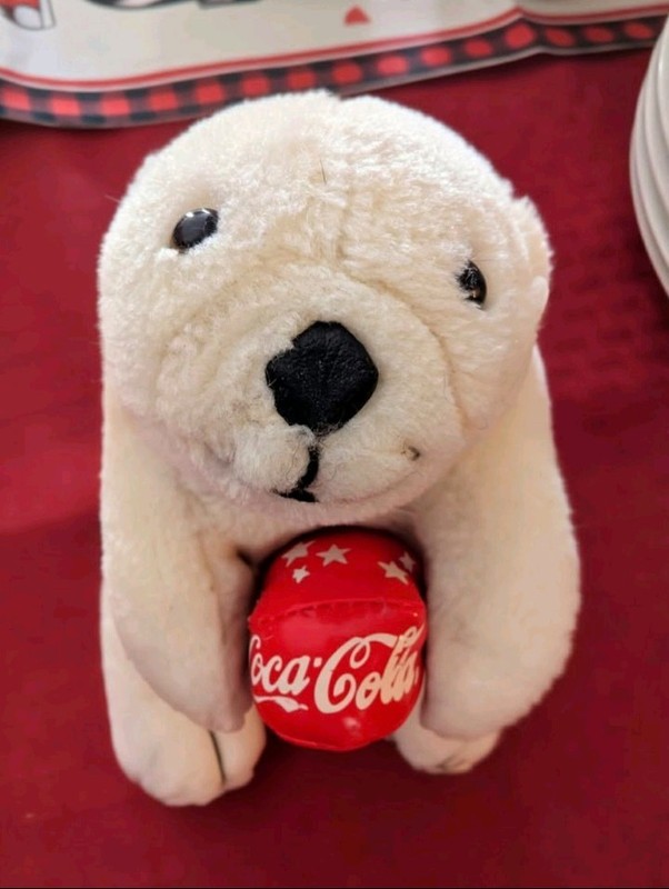 Coca-Cola Polar Bear Stuffed Animal Plush Toy Holding Coca-Cola Ball