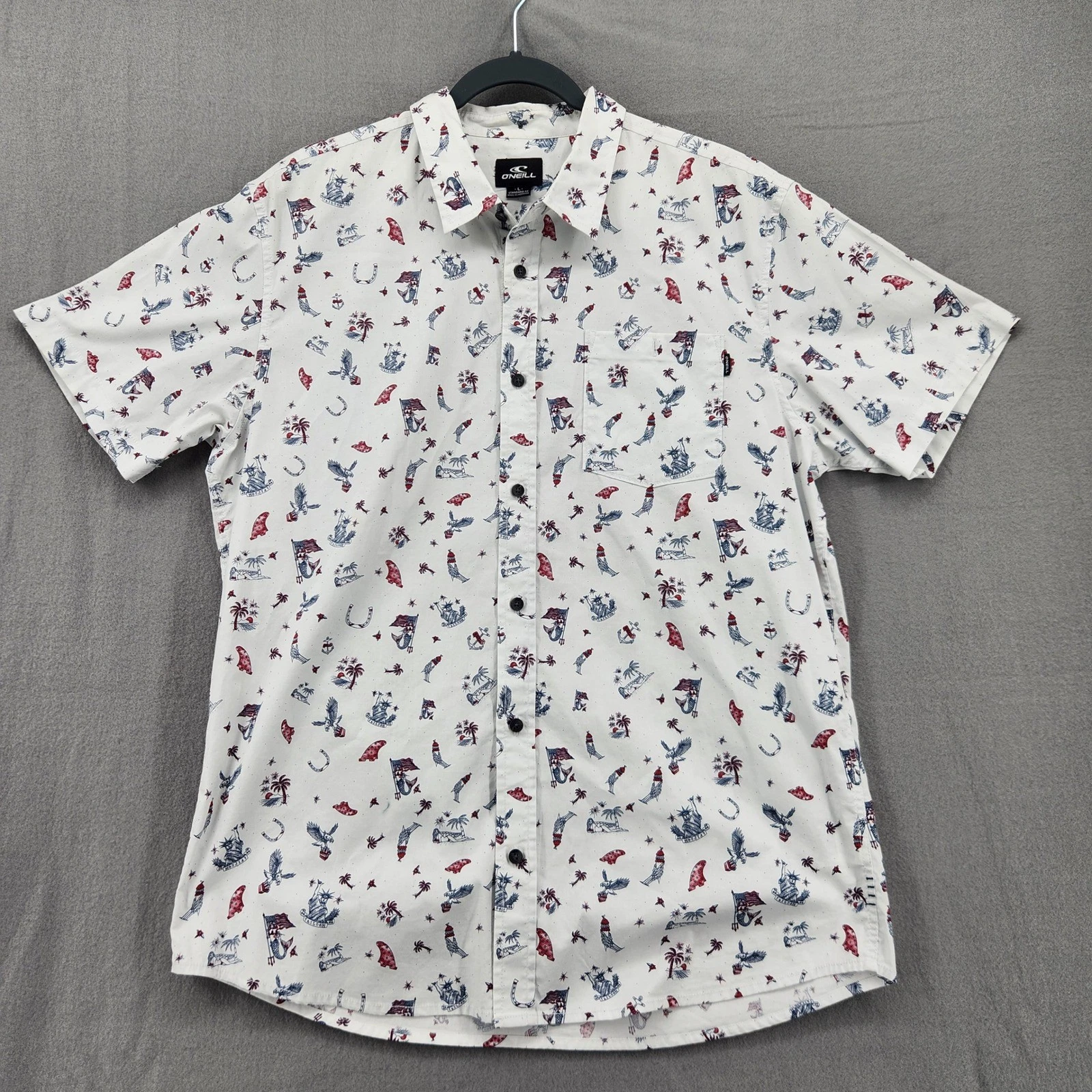 O'Neill Mens Large White Americana Tattoo Print Short Sleeve Button Down Shirt