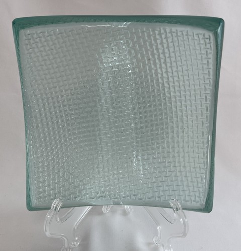 Vintage Aqua Pressed Art Glass Basketweave Square Vanity Tray  MCM Decor