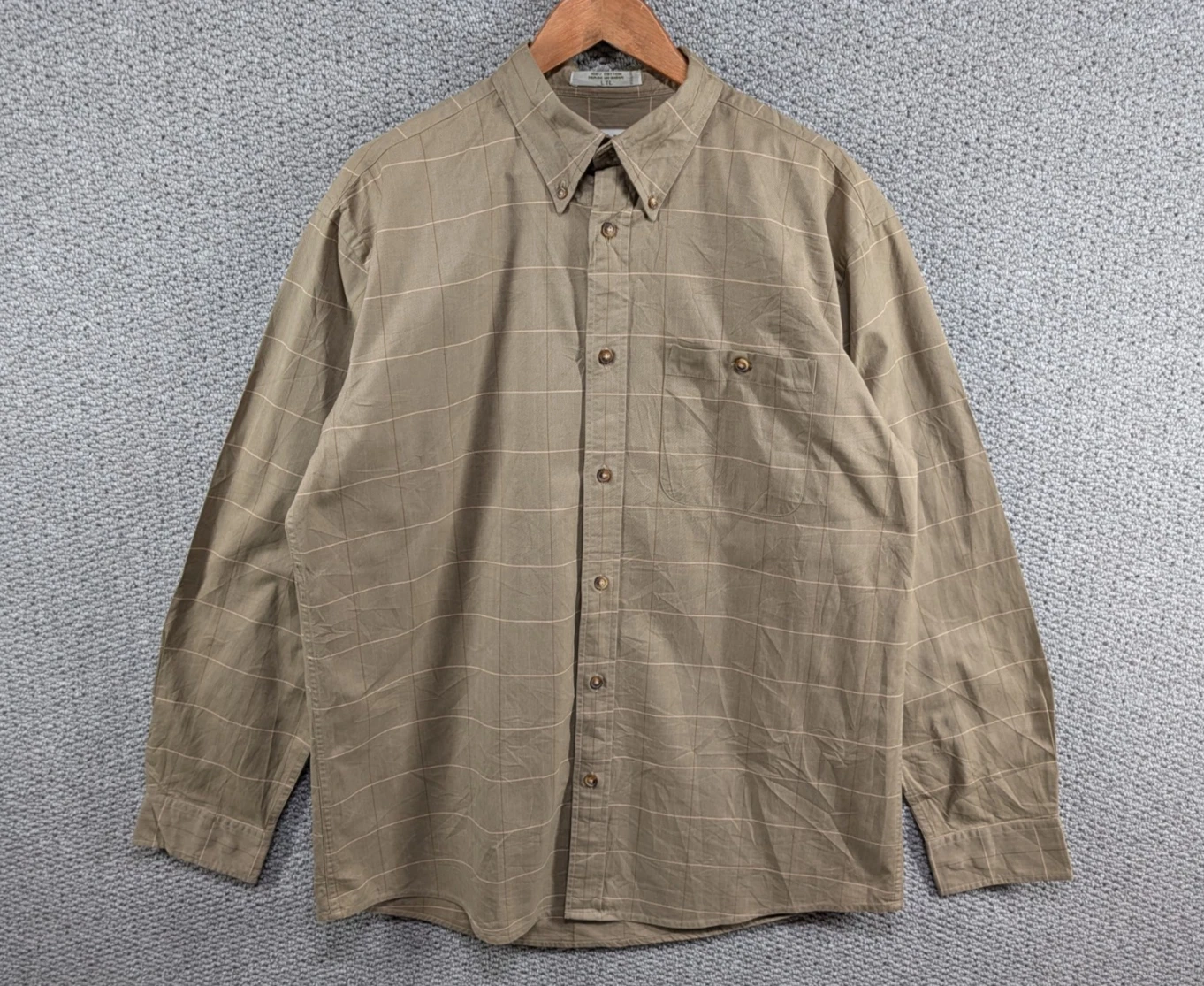 Orvis Country Twill Beige Check Casual Outdoor Button Down Shirt Men's L Tall
