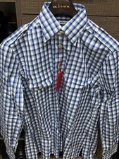 NWT 2,595 KITON Napoli Su Misura Custom Made 16 1/2 US 42 Blue Check Epaulettes