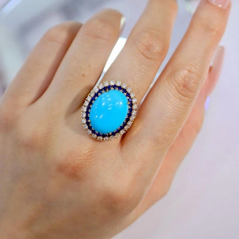 Natural Arizona Turquoise & VVS1 moissanite ring 92.5 silver gold plated Ring - Image 4 of 4