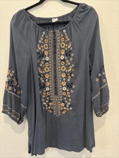 J. Jill Embroidered Tunic Top Large Blue Floral Peasant Boho Folk Artisan