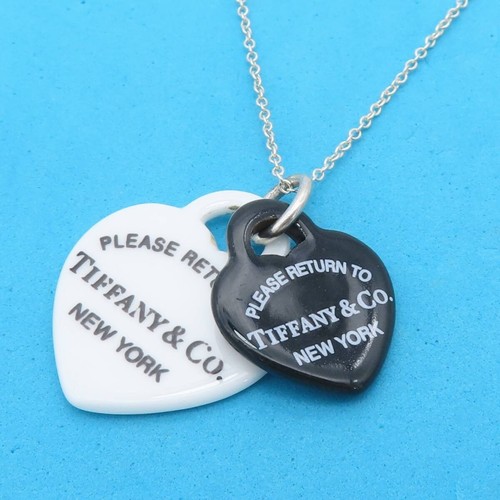 Extremely Rare Tiffany Co. Return To Double Monochrome Heart Silver Necklace Sv9