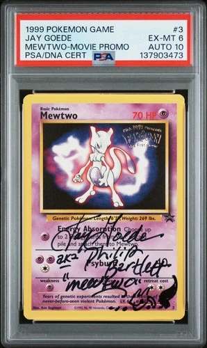 1999 POKEMON GAME MOVIE PROMO JAY GOEDE SIGNED #3 MEWTWO PSA 6 DNA AUTO 10