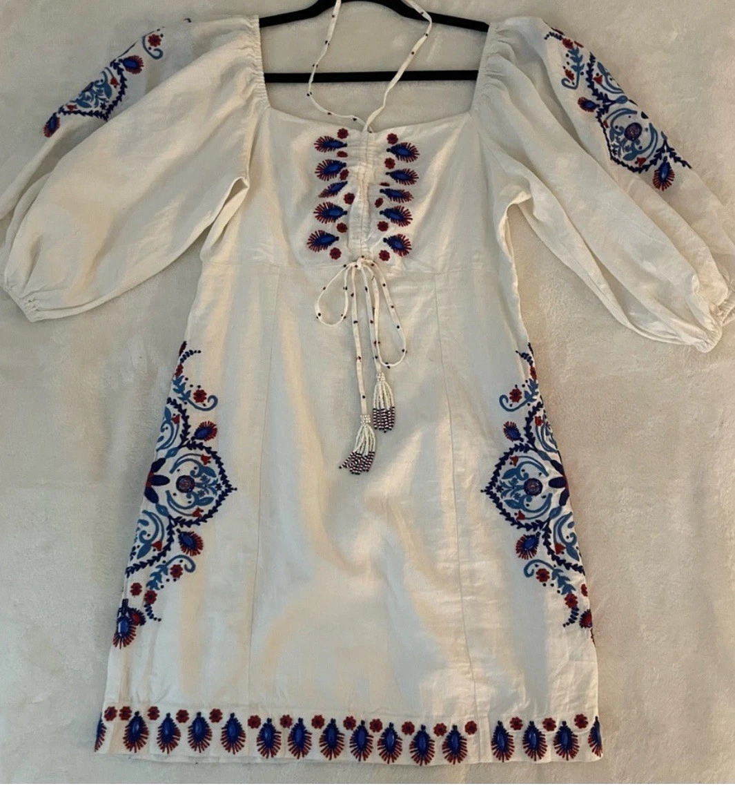 Mini Abito Farm Rio Off White Navy Ricamato Taglia Media Nuovo con etichette