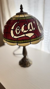 Coca-Cola Stained Glass Style Table Lamp Red Green Brass Base Collectible Sign