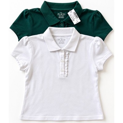 The Childrens Place Girls 2 Pack Ruffle Polo Shirts Wht Grn Size L Uniform NWT