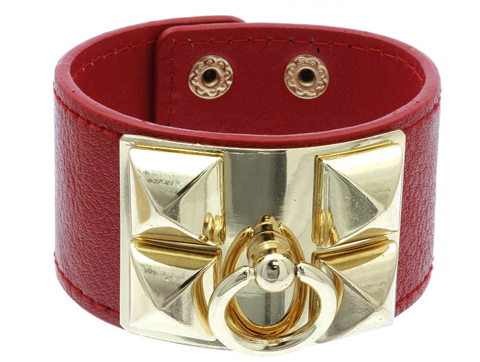 Hip Hop Punk Red Leather Band Bracelet w/ Gold Pyramid Studs & Dog