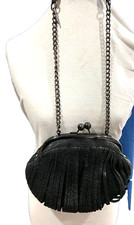 Borsa a tracolla vintage Stefanel in pelle con frange e fianchi nera con cinghie