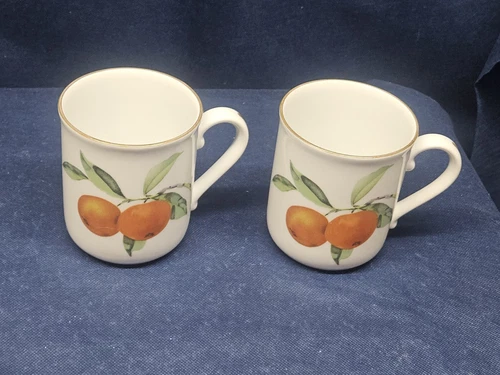 Vintage Royal Worcester Porcelain England "Evesham Gold" Set/2 Pch/Blckb. Mugs 
