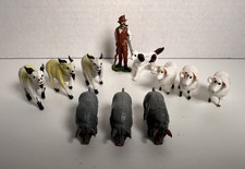VTG Train Set Accessories 11 PCs - Plastic Man, Dog, 3 Ea Goats, Pigs, & Sheep