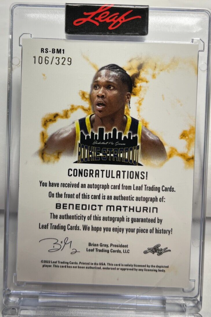 Carte Rookie Bennedict Mathurin 2022 Leaf Rookie Standout Auto #/329, Quasi-neuve