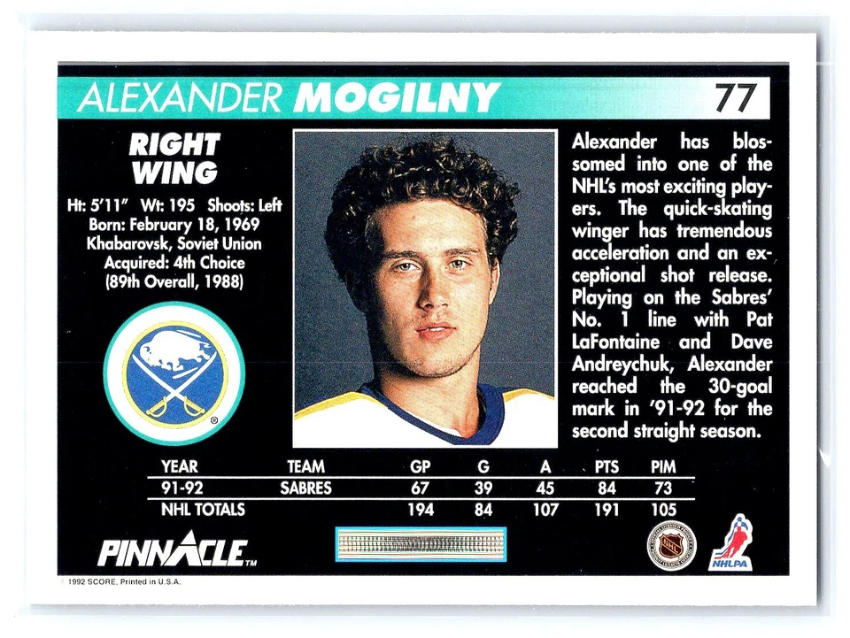 1992 Pinnacle Canadian Hockey #77 Alexander Mogilny   Buffalo Sabres - Image 2 of 2