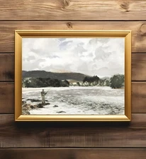 Vintage Fishing Printable Wall Art River Fishing Landscape Fly Fishing Artwork