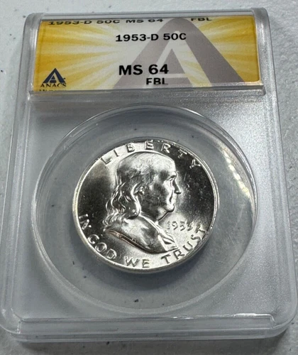 1953-D  Franklin US Half Dollar,   MS64 by ANACS,   FBL,   SUPERB looking coin!!