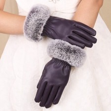 Women Thick PU Leather Gloves Fleece Lined Warm Faux Fur Trims Touchscreen Daily