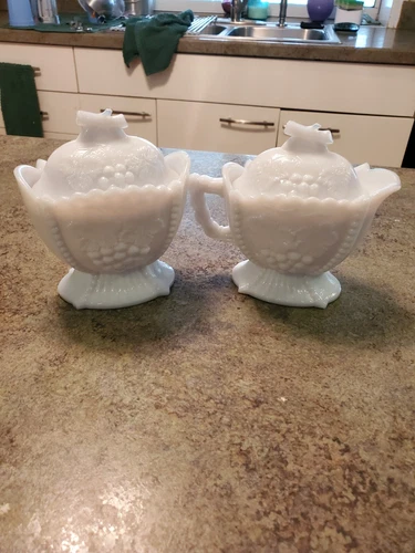 Vintage WESTMORELAND White Milk Glass Grape Design Creamer & Sugar