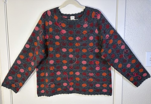 J Jill Silk Wool Blend Sweater Sz 2X Dark Gray Fun Polka Dot Print Scallop Hem 