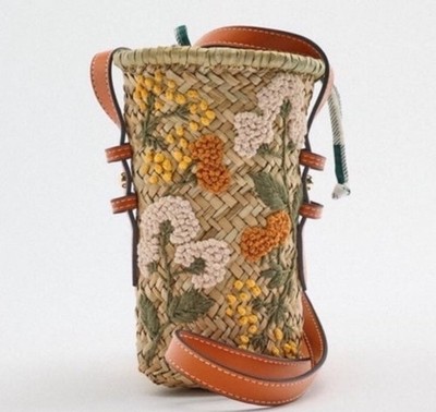ZARA Raffia Mini Bucket Bag Crossbody Straw Bag with Floral Embroidery EUC
