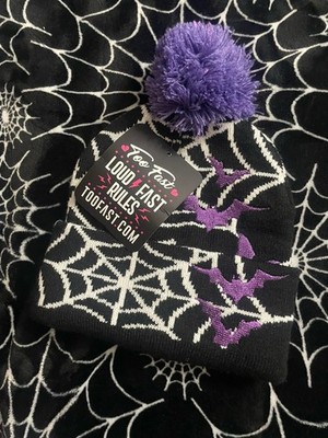 Too Fast Beanie Spider Web Bat Pom-Pom Black White Purple Halloween Gothic