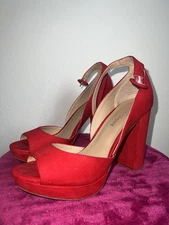 SUN + STONE Red Suede Peep-Toe Platform Heels, Size 7.5