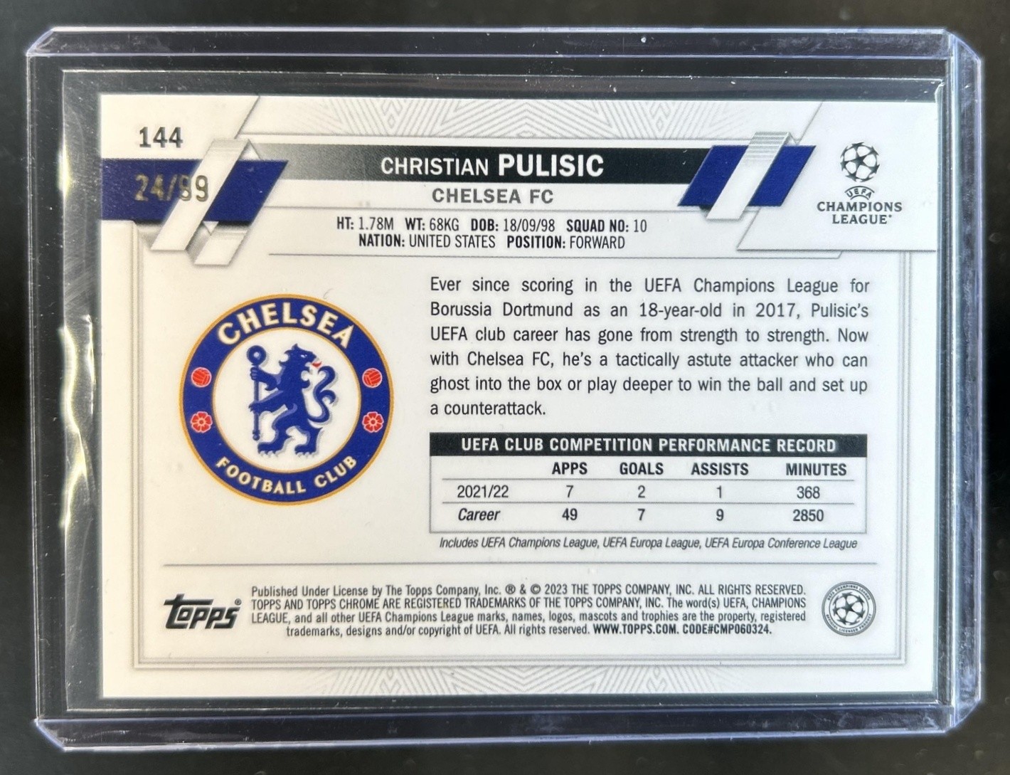 2022-23 Topps Chrome Sapphire UEFA Christian Pulisic Yellow #/99 Chelsea view 2