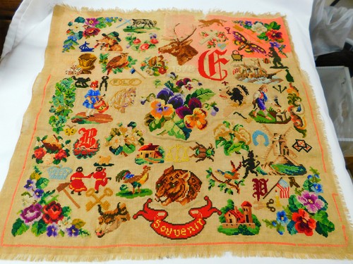 Antique 1878 Preworked NEEDLEPOINT Folk Art SAMPLER 21x22" Pansies Butterfly WOW