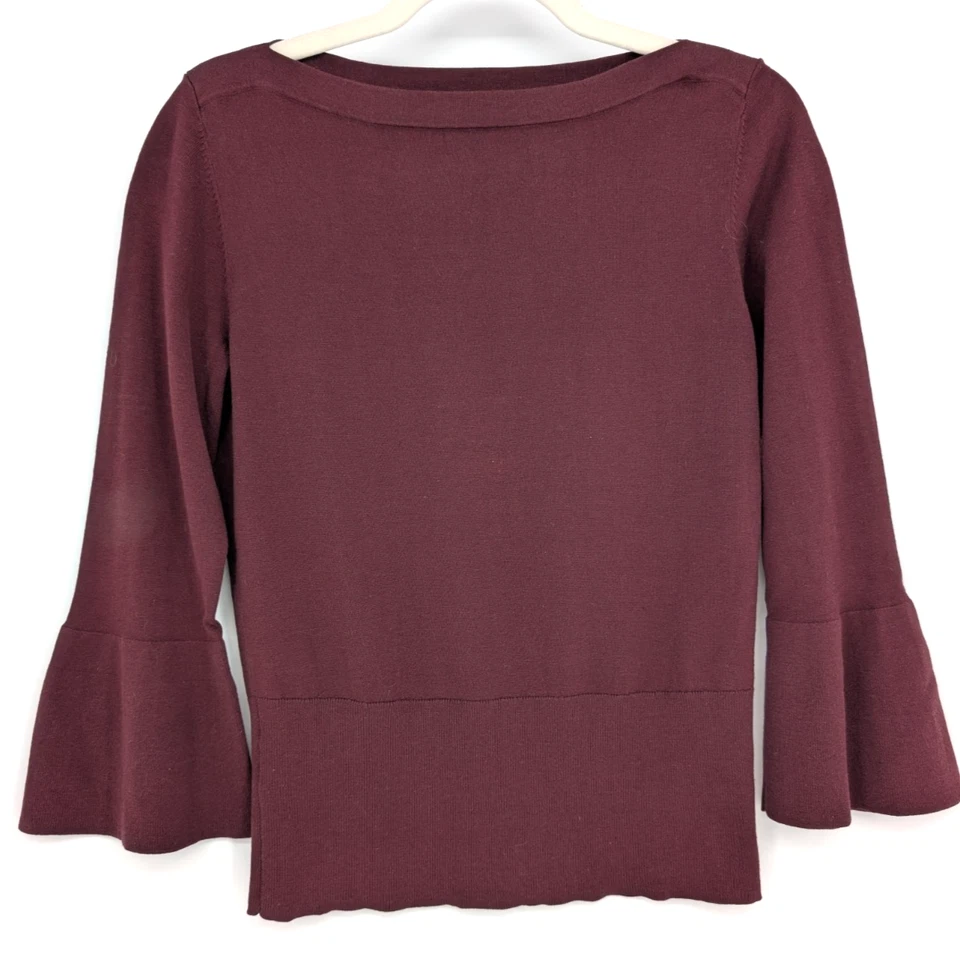 Top Ann Taylor Borgoña Manga Campana Cuello Barco Pequeño Mezcla Seda Capricho Boho Foto 2 de 4