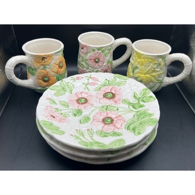 Shafford Fleurs du Jour Set of 6 Ceramic Mug Plate Set Floral Pink Yellow