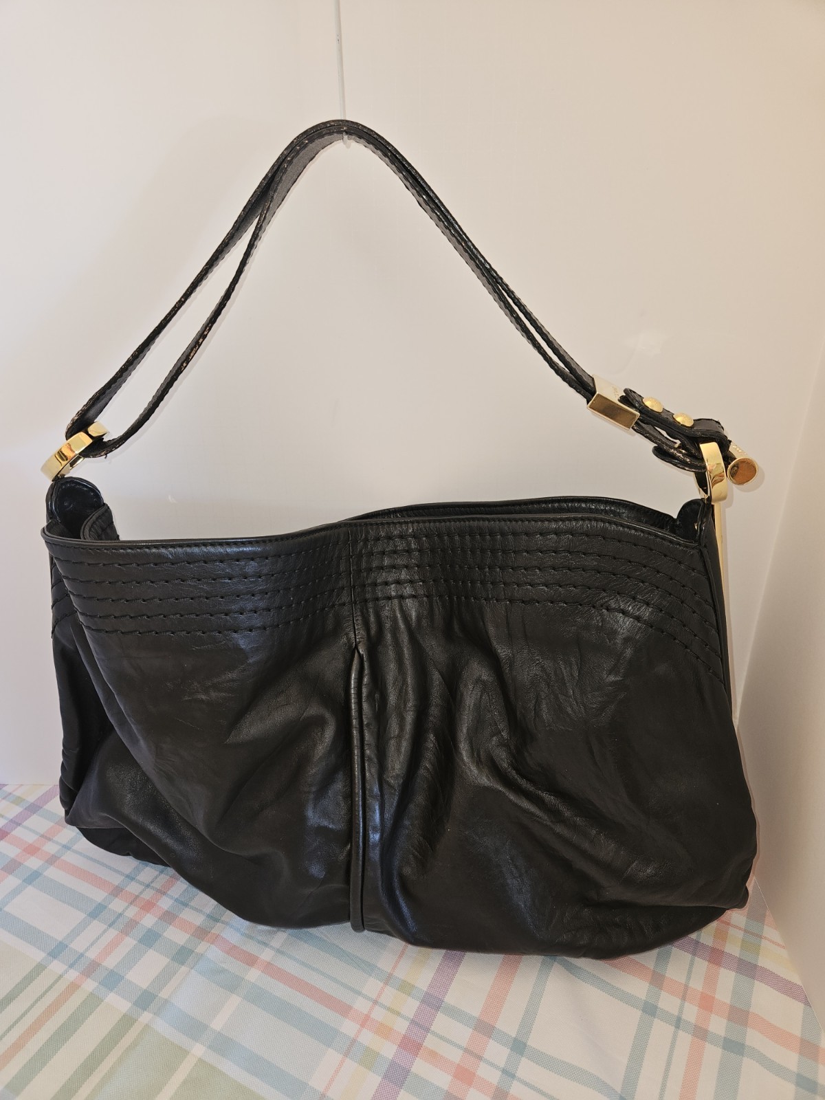 Jimmy Choo Black Ruched Leather Handbag Suede Interior - Excellent