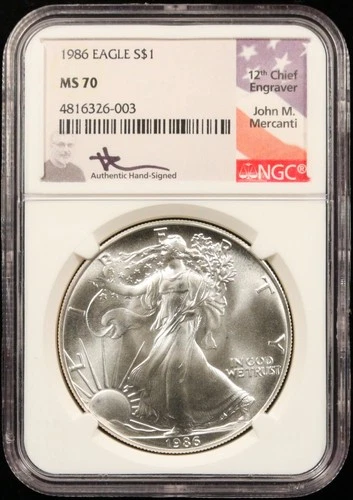 1986 1 oz Silver American Eagle $1 NGC MS70 John Mercanti Signed (#SLC00233)