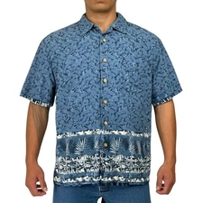ROUTE 66 Mens Large  Blue Hawaiian  Aloha Short Sleeve Button Up Casual