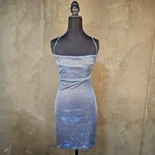 Blue Glitter Bodycon Mini Dress Small Cowl Neck Open Back Lace Up Sparkle Small